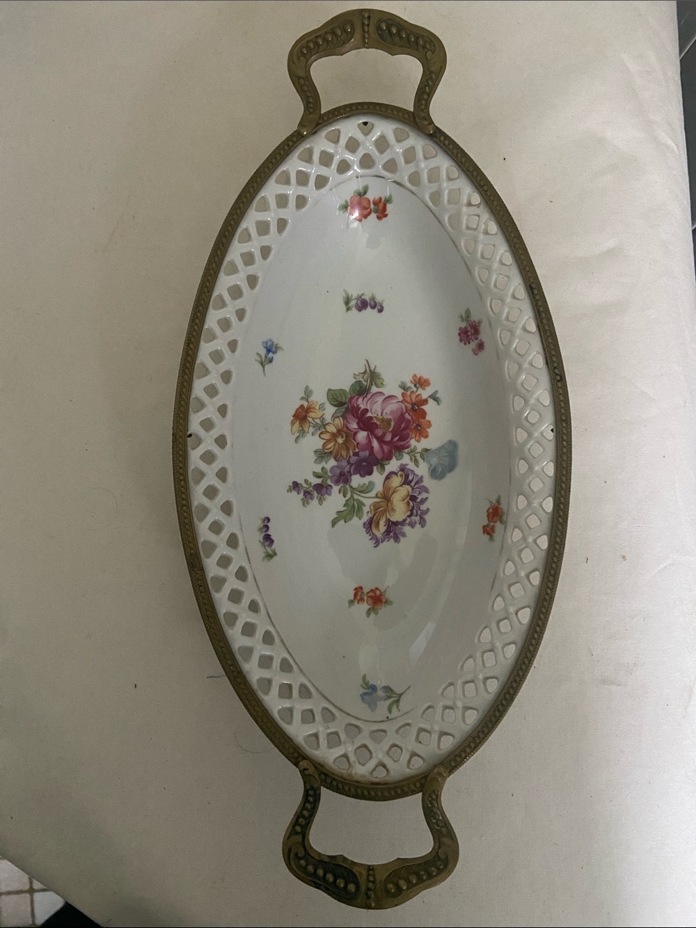 🌺VTG Schumann Floral Porcelain Oval Serving Tray with Brass Handles